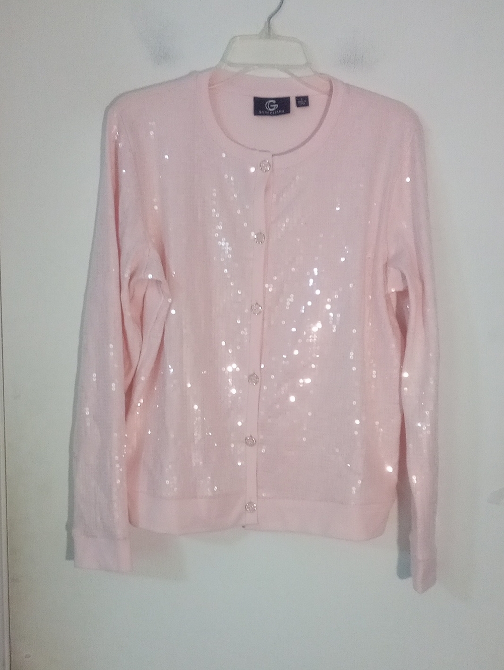 G By Giuliana Pink Sequin Button Up Cardigan Large New NWOT Bling Glitter